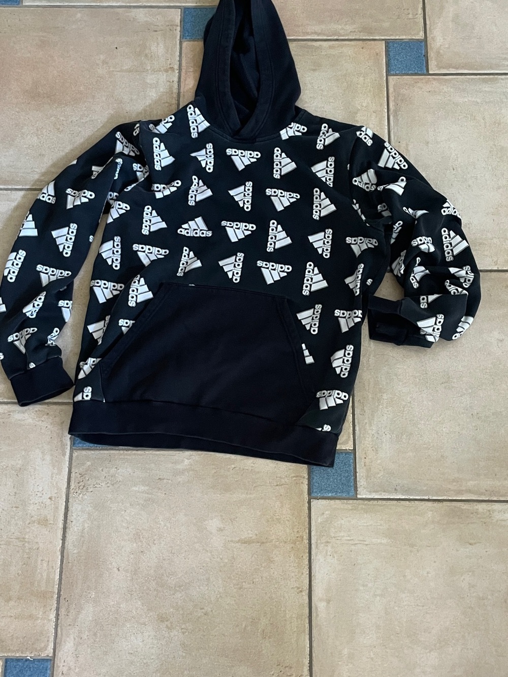 adidas Black Hoodie with White Logo Allover Print Size: L